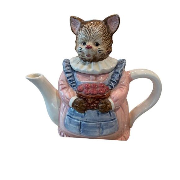 Vintage Decorative Ceramic Cat Teapot Mother Cat With Apron Basket Apples Kitsch - Picture 9 of 10